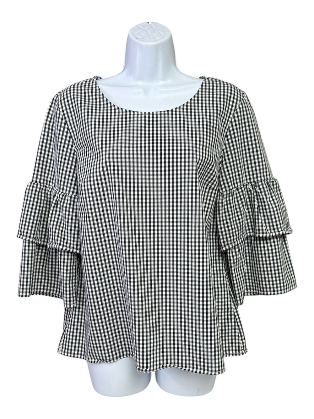 Como Vintage Black and White Gingham Ruffle-Sleeve size large blouse